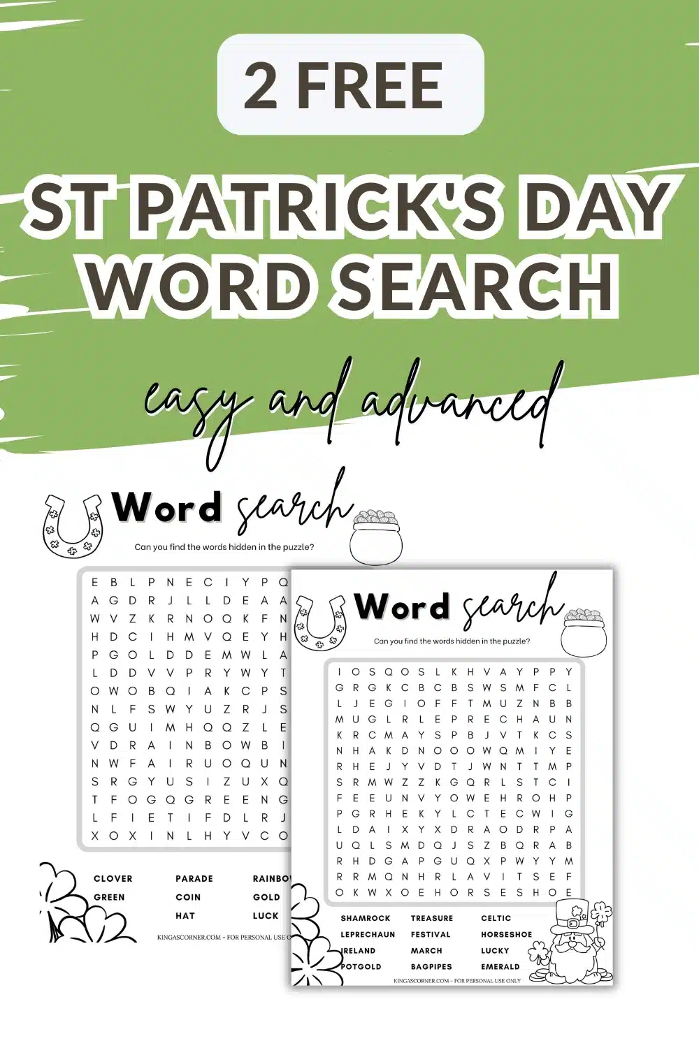 Two printable word search St Patrick's Day puzzles, labeled "easy" and "advanced," feature themed illustrations and word lists. Enjoy two free downloads for festive fun!.