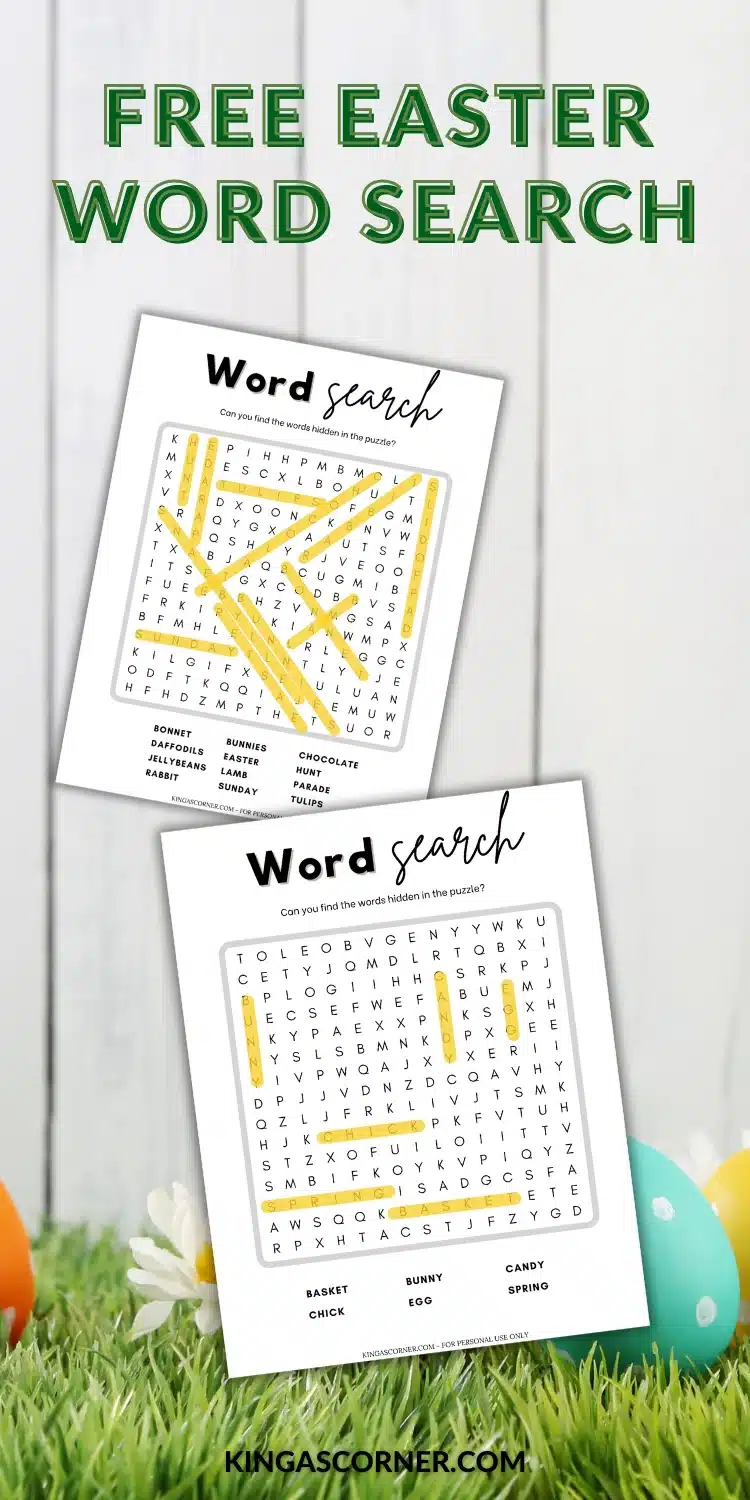 Two Easter-themed word search puzzles with decorated borders and a list of words, placed on a pastel background with colored eggs. Text reads "Free Easter Word Search.