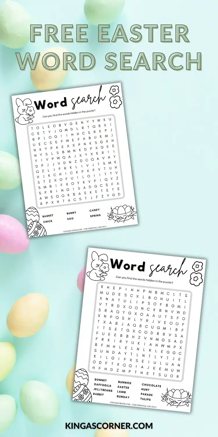 Two Easter-themed word search puzzles with decorated borders and a list of words, placed on a pastel background with colored eggs. Text reads "Free Easter Word Search.