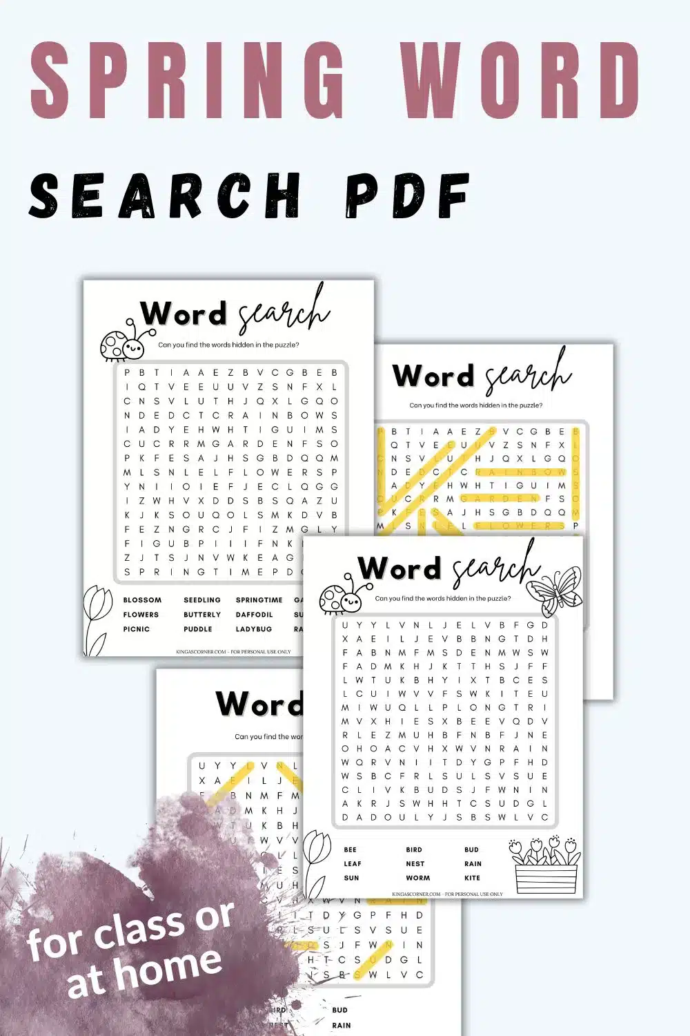 Spring word search PDF worksheets with floral designs, featuring both completed and blank versions, perfect for classroom or home use.
