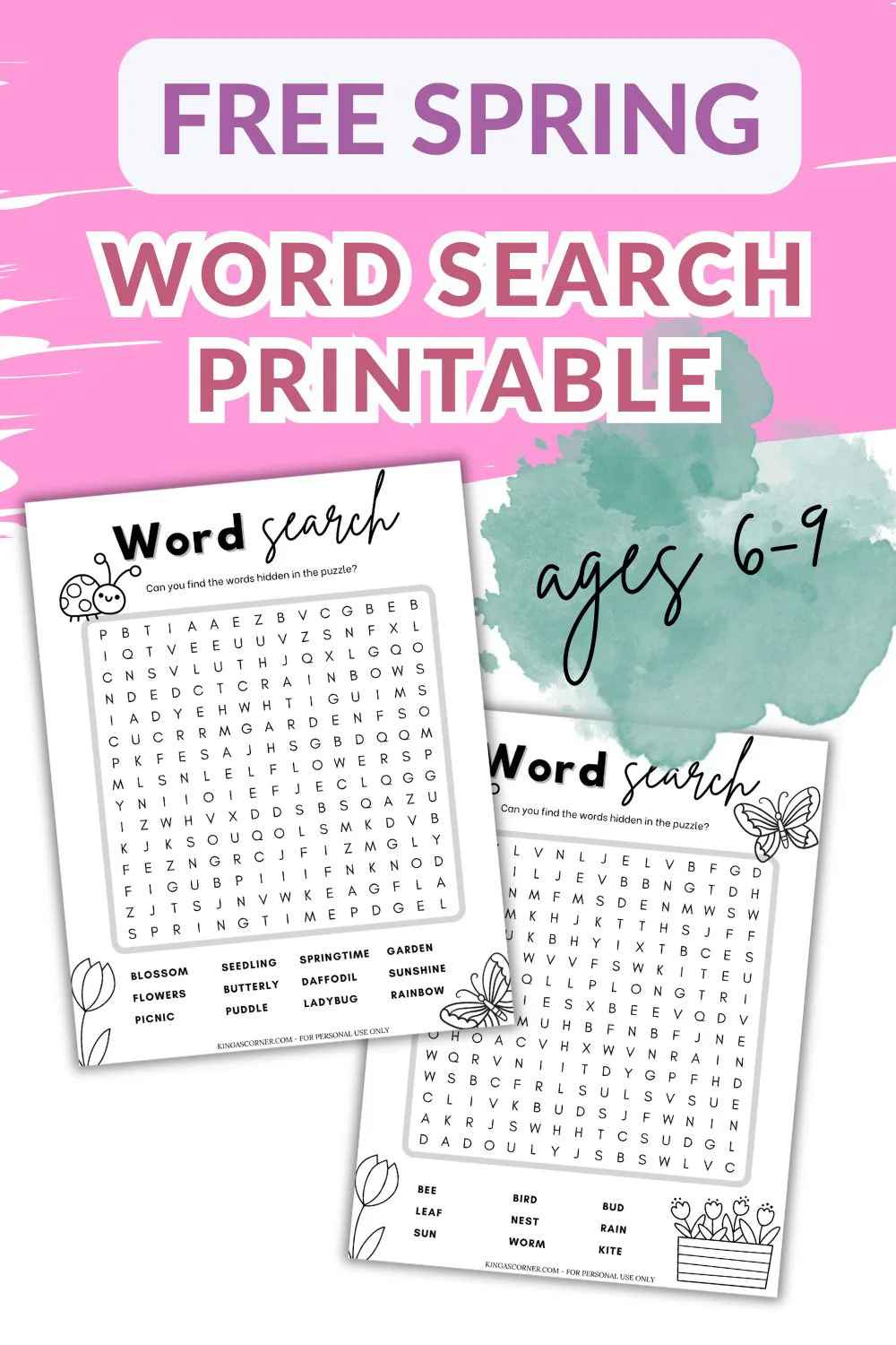 Promotional image for a free spring word search printable for ages 6-9, showing two sample word search sheets with flower and butterfly illustrations.