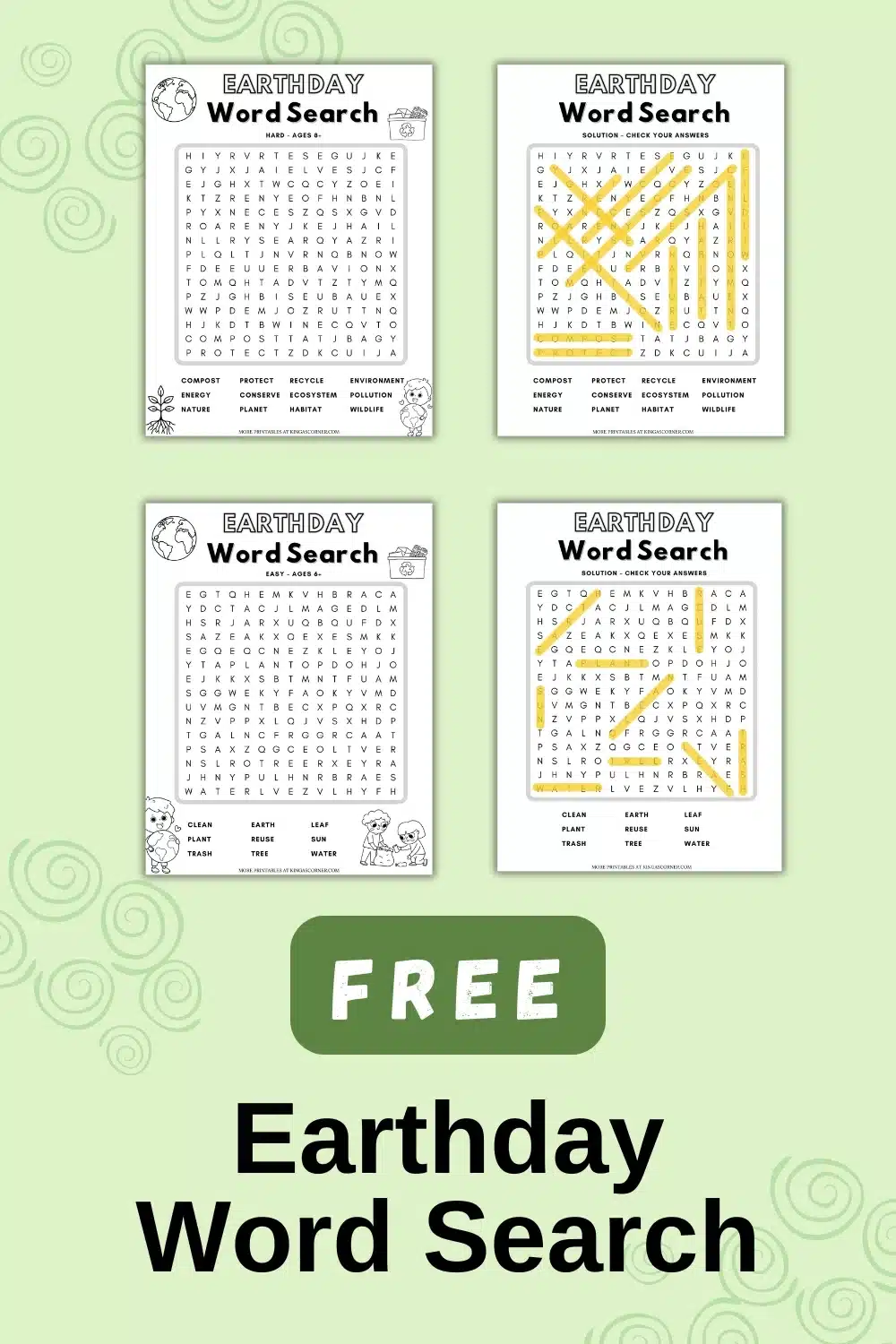Four Earth Day-themed word search puzzles, two shown completed and two blank, above a label that says "Free Earthday Word Search" on a green patterned background.
