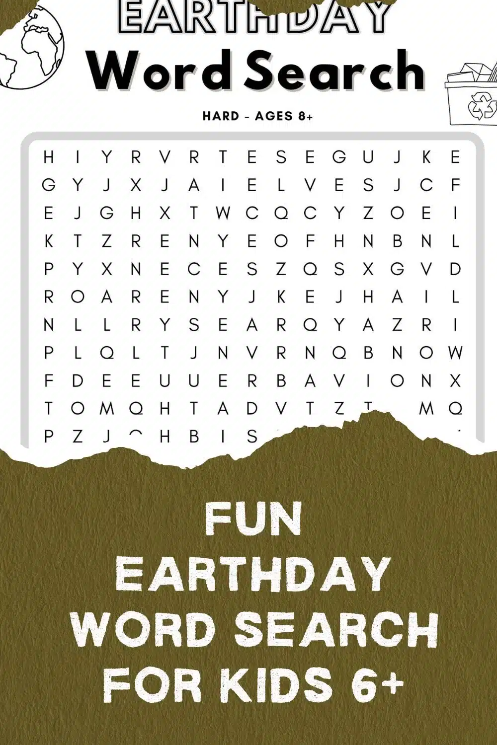 Earth Day word search puzzle for kids ages 6 and up, featuring a grid of letters and Earth-themed words to find.