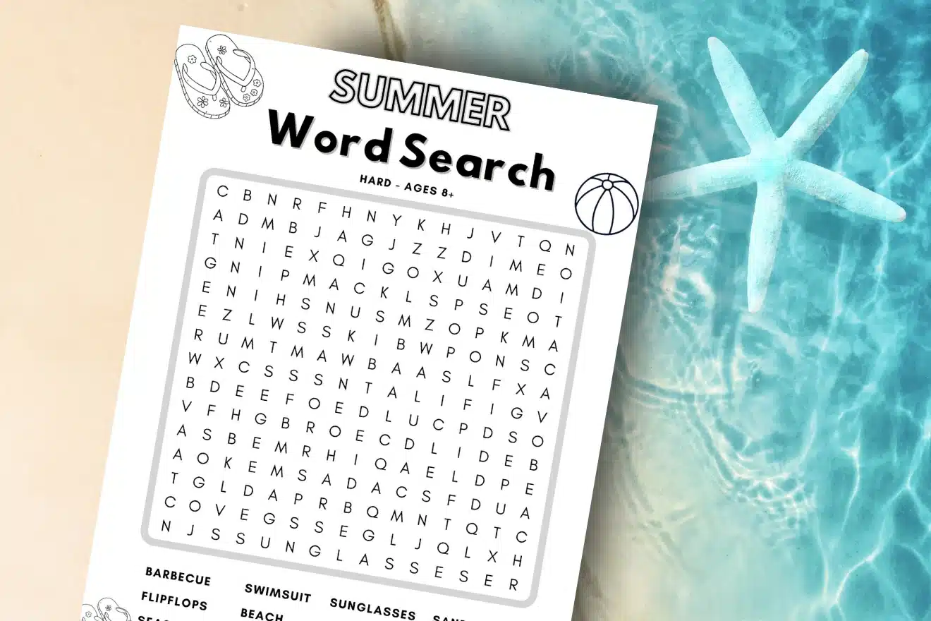 A summer-themed word search puzzle sheet lies next to a pool with clear blue water and a visible white starfish.