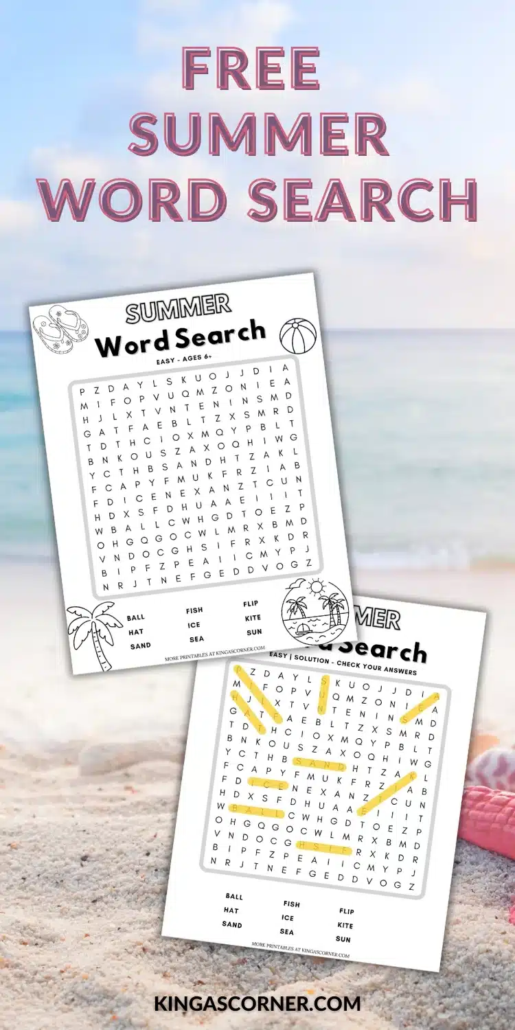 Two printable summer-themed word search puzzles are displayed on a sandy beach background, with the words "Free Summer Word Search" at the top.
