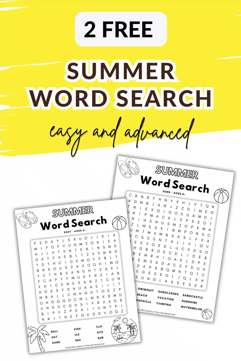 Image shows a promotional graphic for two free summer-themed word search puzzles, labeled easy and advanced, with sample puzzle pages displayed.