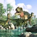 A large theropod dinosaur chases two smaller dinosaurs through a shallow river in a forested prehistoric landscape under a blue sky, making it a thrilling scene perfect for learning dinosaur facts for kids.
