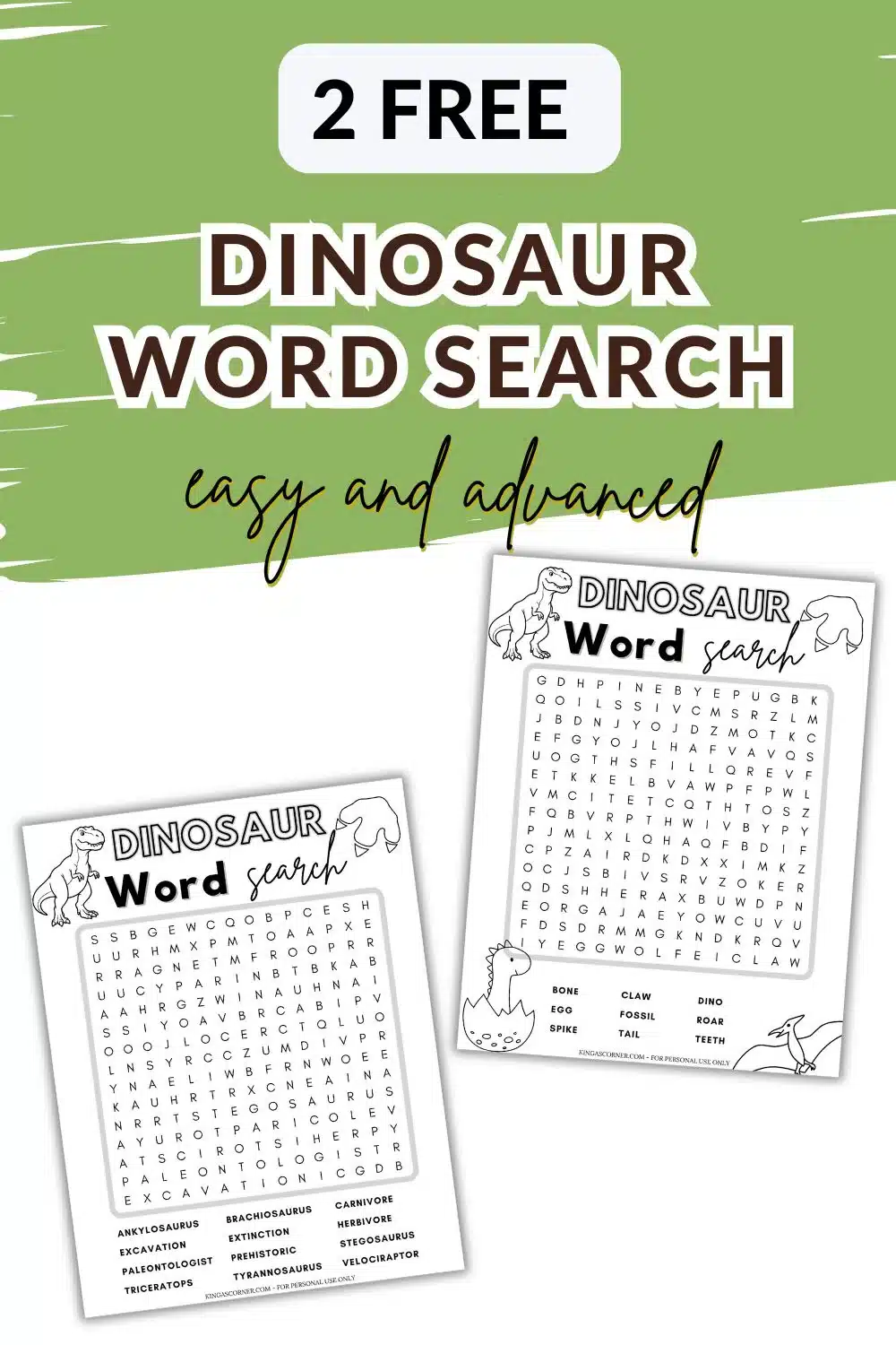 Two printable dinosaur-themed word search puzzles labeled "easy" and "advanced" are shown with the heading "2 Free Dinosaur Word Search" on a green and white background.