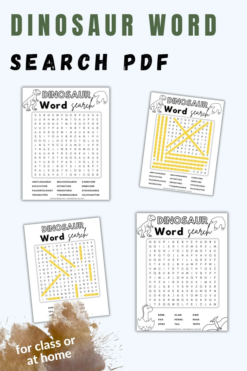 Four dinosaur-themed word search puzzle worksheets, with some completed in yellow highlight, displayed on a light background with the text "DINOSAUR WORD SEARCH PDF" and "for class or at home.
