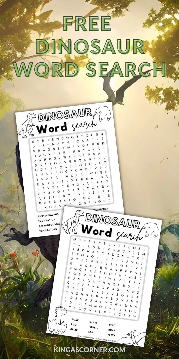 Two printable dinosaur-themed word search puzzles are displayed against a prehistoric forest background, with the text "Free Dinosaur Word Search" above them.