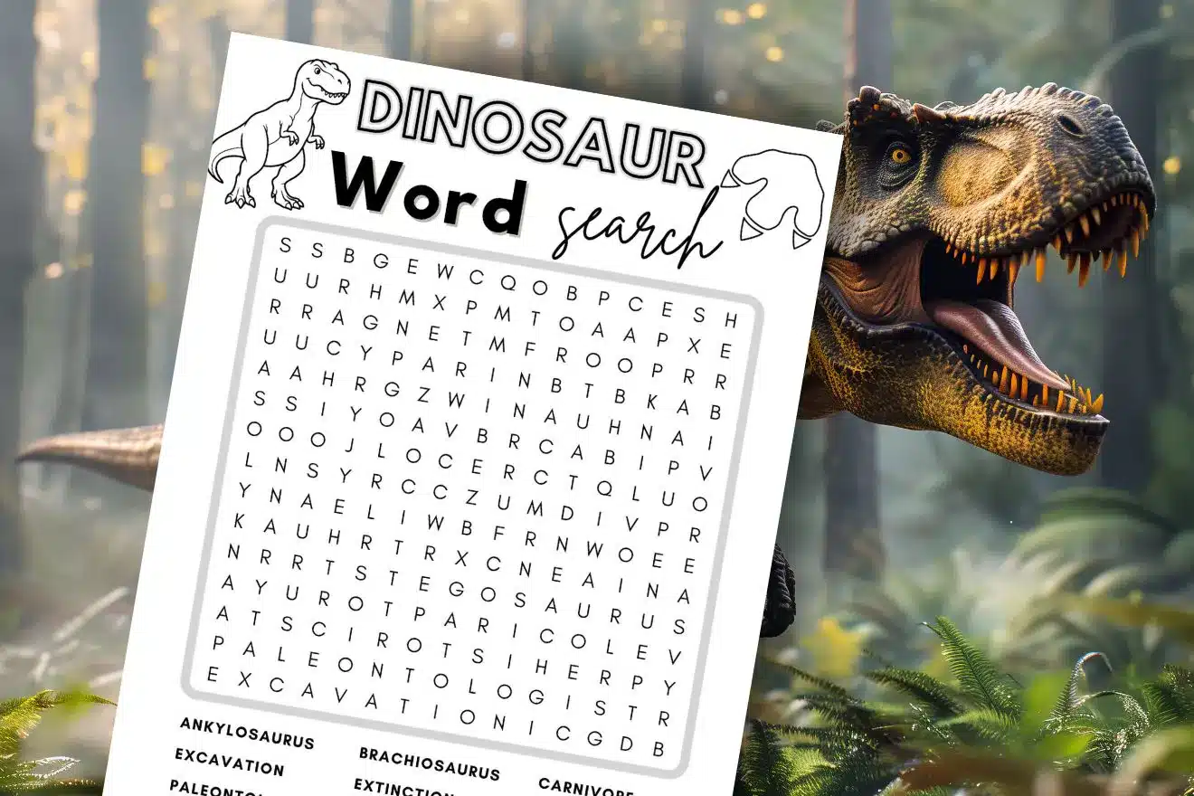 A dinosaur word search puzzle is displayed in the foreground, with a large, realistic dinosaur in a jungle setting in the background.